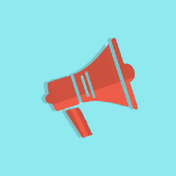 Illustration représentant un mégaphone rouge sur fond bleu turquoise